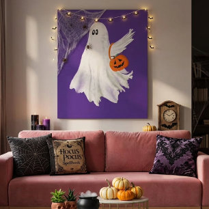 Trick Or Treating Ghost With Pumpkin Candy Bucket Canvas Print