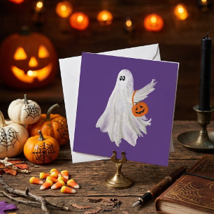 Trick Or Treating Ghost With Pumpkin Candy Bucket Card