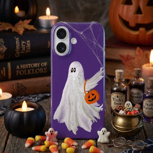 Trick Or Treating Ghost With Pumpkin Candy Bucket iPhone 16 Case