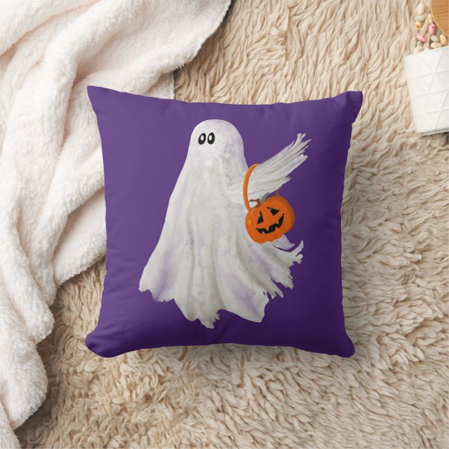 Trick Or Treating Ghost With Pumpkin Candy Bucket Cushion (Blanket)