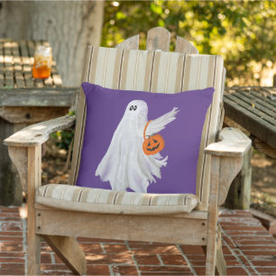 Trick Or Treating Ghost With Pumpkin Candy Bucket Cushion