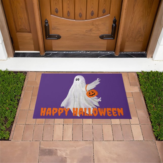 Trick Or Treating Ghost With Pumpkin Candy Bucket Doormat (Outdoor)