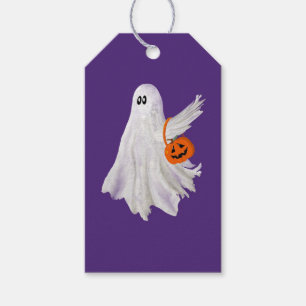 Trick Or Treating Ghost With Pumpkin Candy Bucket Gift Tags
