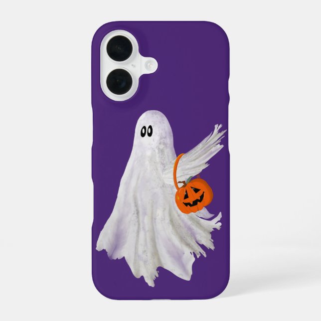Trick Or Treating Ghost With Pumpkin Candy Bucket iPhone 16 Case (Back)
