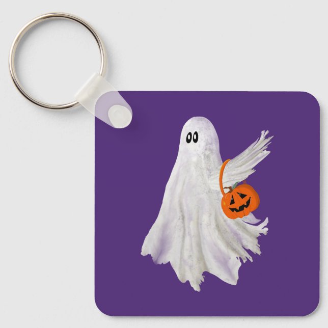 Trick Or Treating Ghost With Pumpkin Candy Bucket Key Ring (Front)