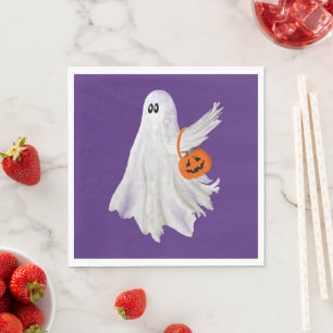 Trick Or Treating Ghost With Pumpkin Candy Bucket Napkin