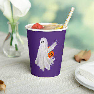 Trick Or Treating Ghost With Pumpkin Candy Bucket Paper Cups