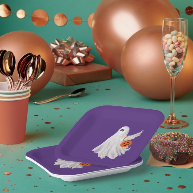 Trick Or Treating Ghost With Pumpkin Candy Bucket Paper Plate (Multi)