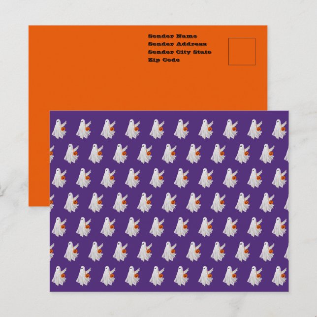 Trick Or Treating Ghost With Pumpkin Candy Bucket  Postcard (Front/Back)