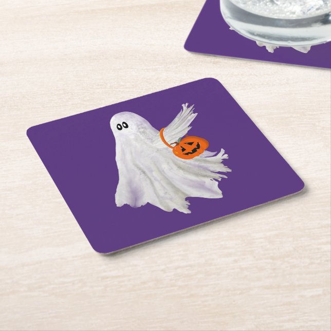 Trick Or Treating Ghost With Pumpkin Candy Bucket Square Paper Coaster (Angled)