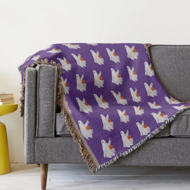 Trick Or Treating Ghost With Pumpkin Candy Bucket Throw Blanket (Creator Uploaded)