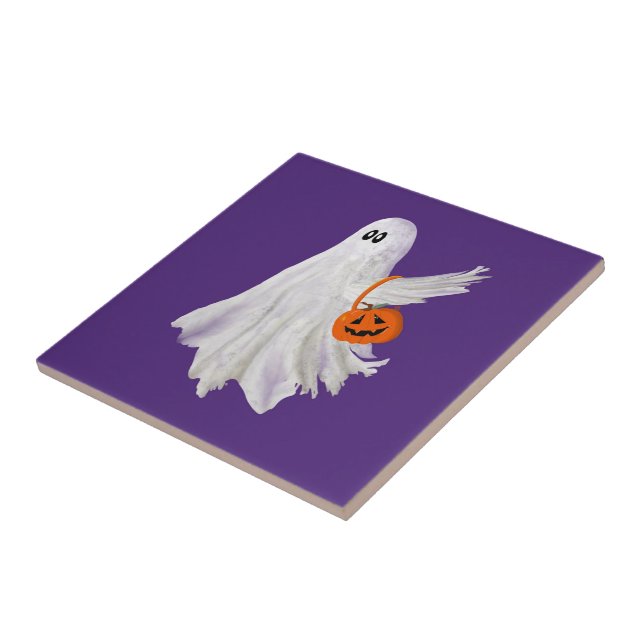 Trick Or Treating Ghost With Pumpkin Candy Bucket  Tile (Side)