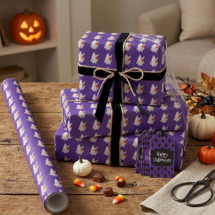 Trick Or Treating Ghost With Pumpkin Candy Bucket Wrapping Paper