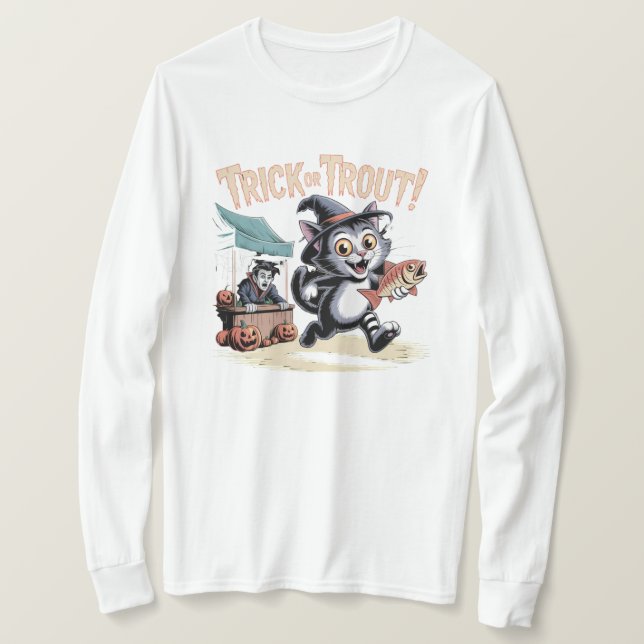 Trick or Trout! Funny Witch Cat Tee (Design Front)