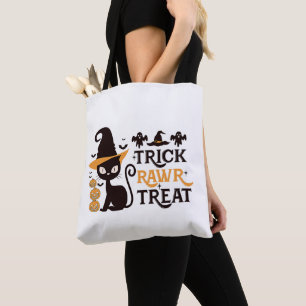 Trick Rawr Treat Black Cat White Halloween Tote Bag