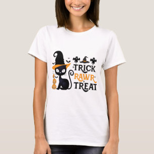 Trick Rawr Treat Black Cat Witches Hat Halloween T-Shirt