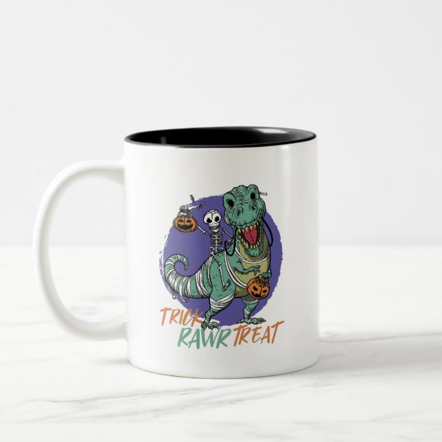 Trick Rawr Treat T Rex Dinosaur Mummy Halloween Two-Tone Coffee Mug (Left)