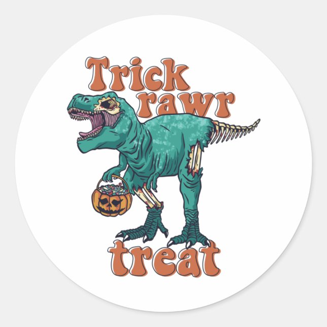 Trick Rawr Treat Zombie T Rex Halloween Dinosaur Classic Round Sticker (Front)