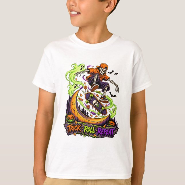 Trick Roll Repeat Skeleton Skater T-Shirt (Front)