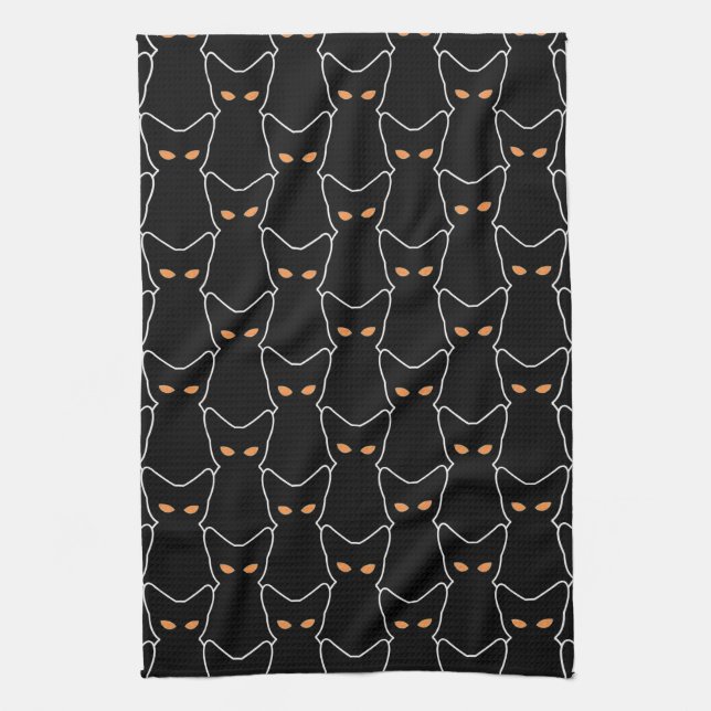 Trick Treat Black Kitty Cat | Spooky Halloween Tea Towel (Vertical)