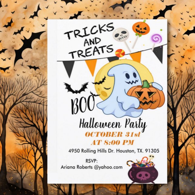 Tricks Or Treats Cute Ghost Halloween Invitation (Creator Uploaded)