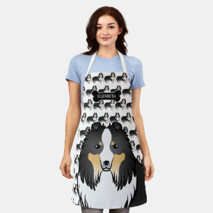 Tricolor Cartoon Sheltie With Dog Bone & Name Apron