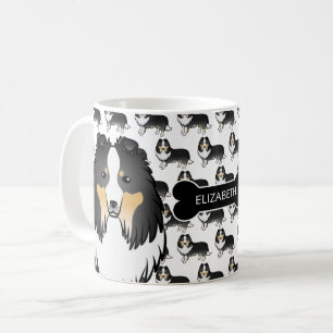 Tricolor Cartoon Sheltie With Dog Bone & Name Coffee Mug