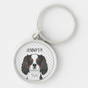 Tricolor Cavalier King Charles Spaniel Dog & Name Key Ring