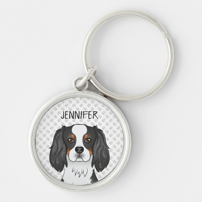 Tricolor Cavalier King Charles Spaniel Dog & Name Key Ring (Front)