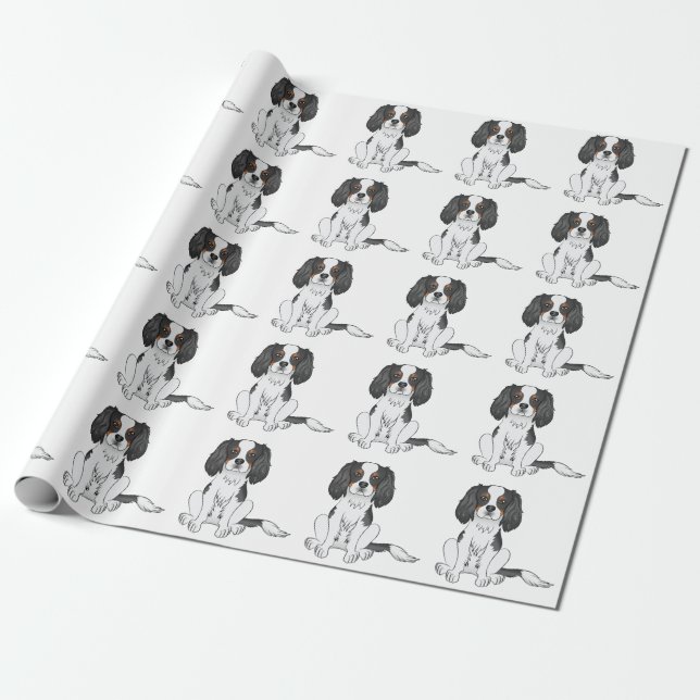 Tricolor Cavalier King Charles Spaniel Dog Pattern Wrapping Paper (Unrolled)