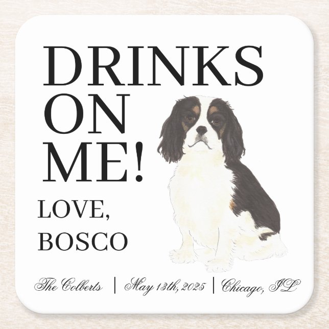 Tricolor Cavalier King Charles Spaniel Wedding Square Paper Coaster (Front)