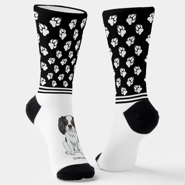 Tricolor Cavalier King Charles With Name And Paws Socks (Angled)