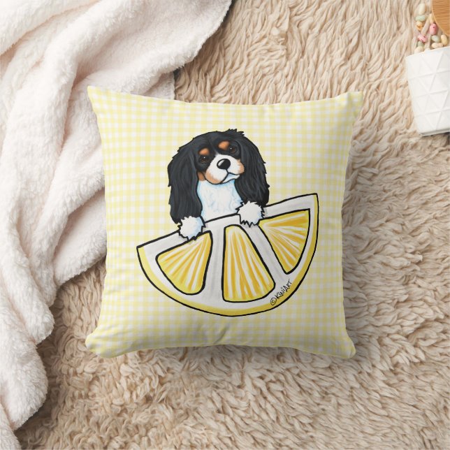 Tricolor Cavalier Lemon Gingham Throw Pillow (Blanket)