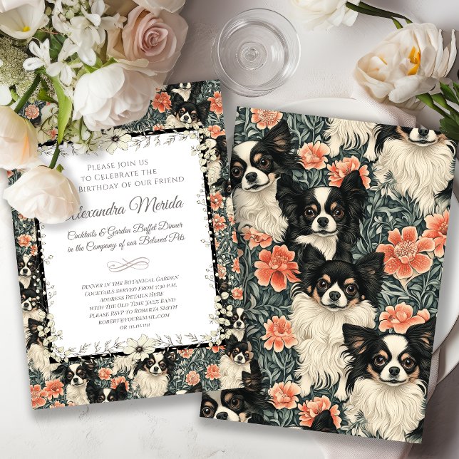 Tricolor Chihuahuas William Morris Style Floral Invitation (Creator Uploaded)