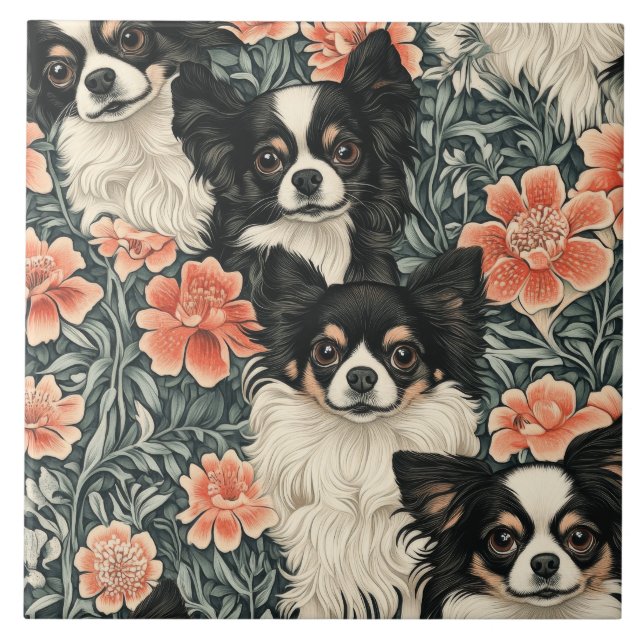 Tricolor Chihuahuas William Morris Style Floral Tile (Front)