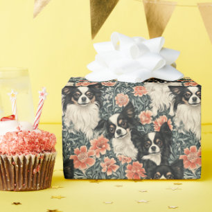 Tricolor Chihuahuas William Morris Style Floral Wrapping Paper