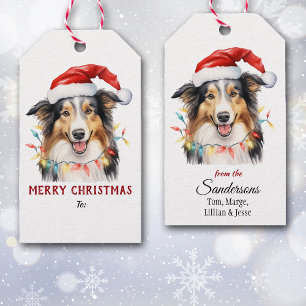 Tricolor Collie Dog Santa Hat Christmas Gift Tags