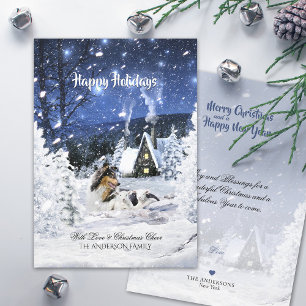 Tricolor Collie & Lambs in Snow - Christmas Card