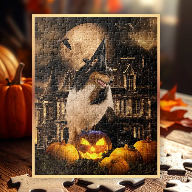 Tricolor Collie Sorcerer & Pumpkins, Halloween -   Jigsaw Puzzle (Preview shows 11x14" Puzzle. Looks perfect on all vertical or square sizes. )