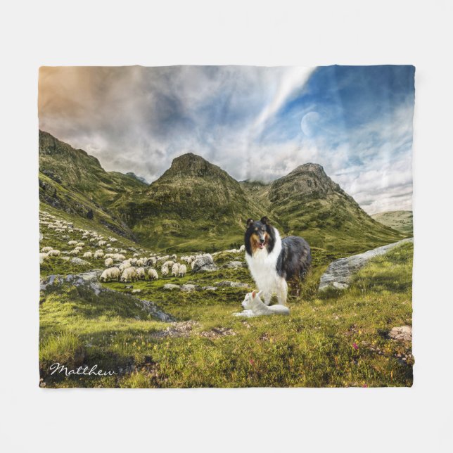 Tricolor Collie w. Lamb and Sheep - Personalised Fleece Blanket (Front (Horizontal))