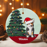 Tricolor Corgi Santa Hat Personalized Christmas Ceramic Tree Decoration<br><div class="desc">This beautiful Pembroke Welsh Corgi dog has a cute Santa Claus hat and an adorable head tilt. The tricolor pup is sitting in front of a pretty Christmas tree decorated with colorful ornaments. Personalize your pet's name in lovely cursive under the wonderful drawing of my favorite doggy.</div>