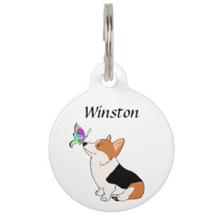 Tricolor Corgi with Butterfly Pet ID Tag