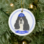 Tricolor English Springer Spaniel Hanukkah Ceramic Tree Decoration<br><div class="desc">Celebrate your favourite mensch on a bench with a personalised ornament! This design features a sweet illustration of a tricolor english springer spaniel dog with a blue and white yarmulke. For the most thoughtful gifts, pair it with another item from my collection! To see more work and learn about this...</div>
