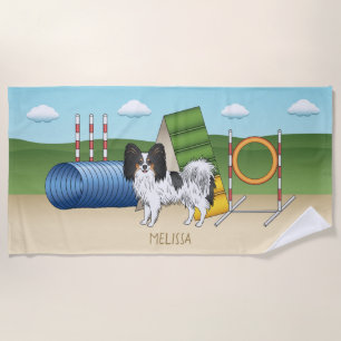 Tricolor Papillon Agility Dog With Custom Name Beach Towel