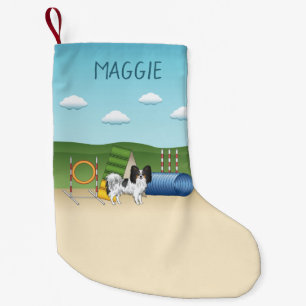 Tricolor Papillon Agility Dog With Custom Name Small Christmas Stocking
