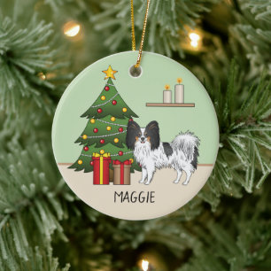 Tricolor Papillon Cartoon Dog By A Christmas Tree Ceramic Tree Decoration