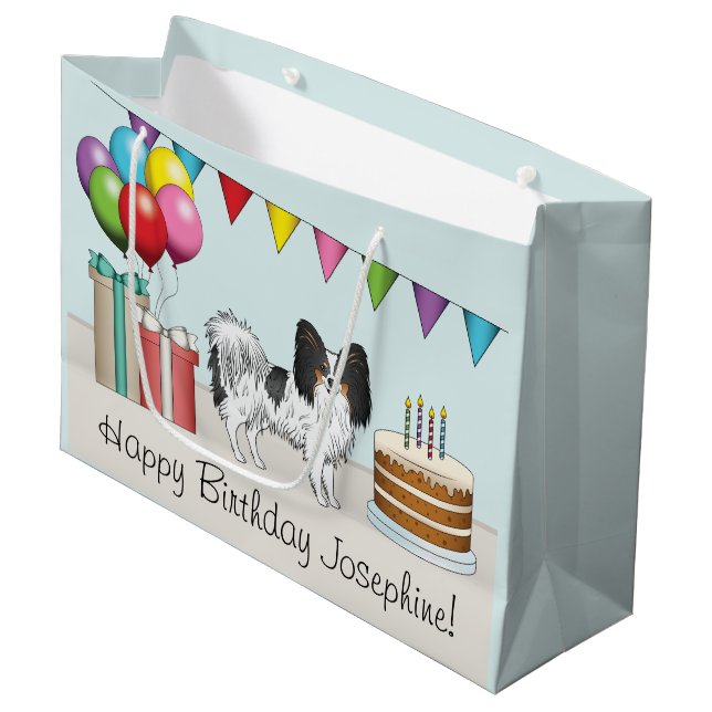 Tricolor Papillon Cartoon Dog Colourful Birthday Large Gift Bag (Front Angled)