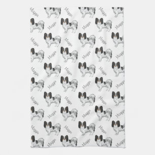 Tricolor Papillon Cartoon Dog Pattern With Name Tea Towel