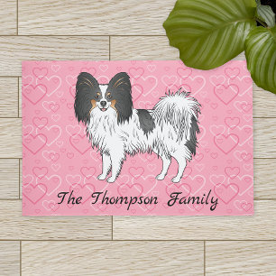 Tricolor Papillon Cute Cartoon Dog On Pink Hearts Doormat