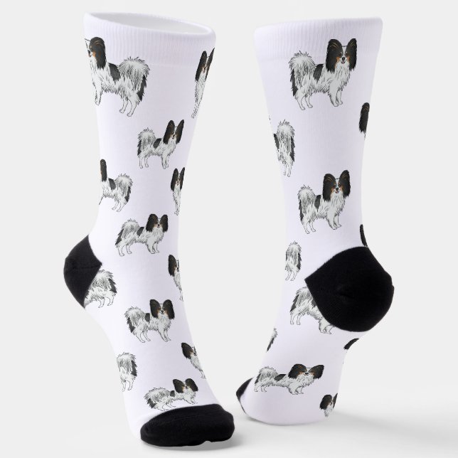 Tricolor Papillon Cute Cartoon Dogs Pattern Socks (Angled)